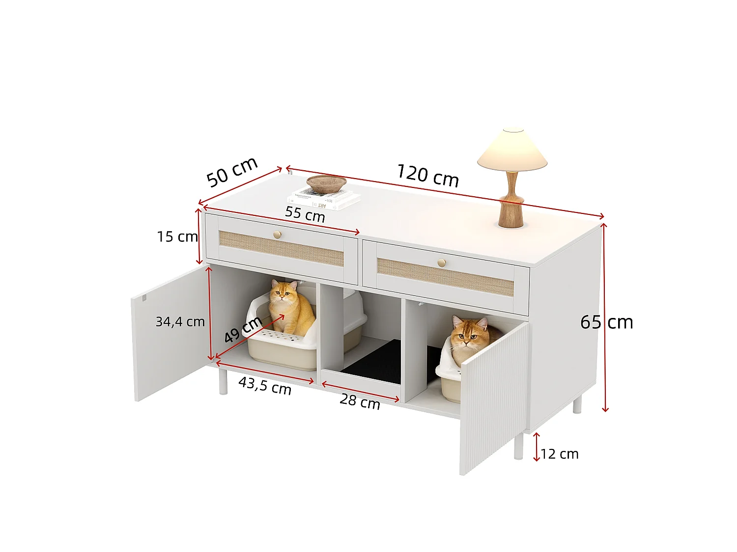 Meuble litière chat avec 2 portes, 2 tiroirs en rotin, et tapis anti-sable, buffet - 120 x 50 x 65 cm - MDF - Blanc