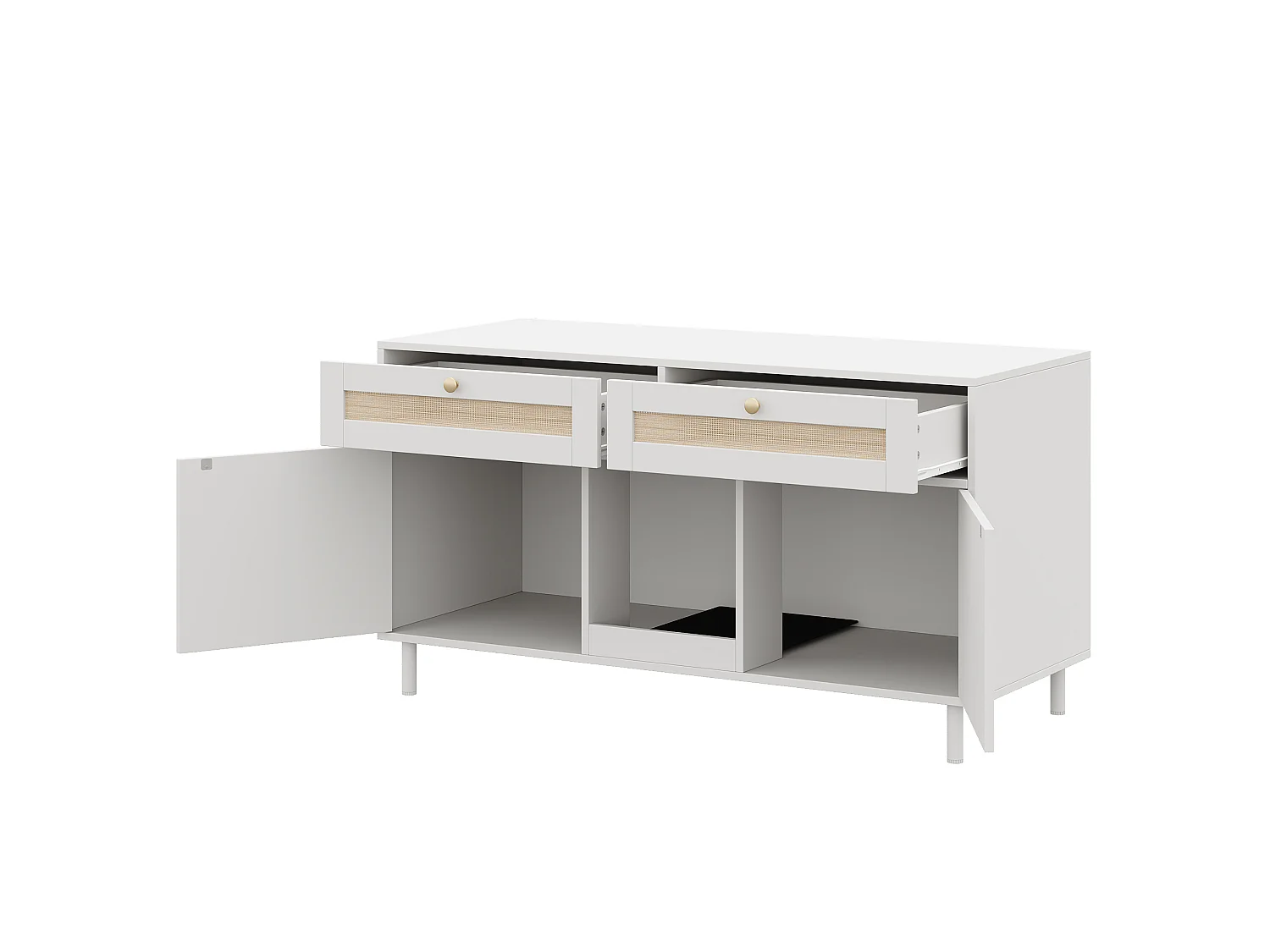 Meuble litière chat avec 2 portes, 2 tiroirs en rotin, et tapis anti-sable, buffet - 120 x 50 x 65 cm - MDF - Blanc