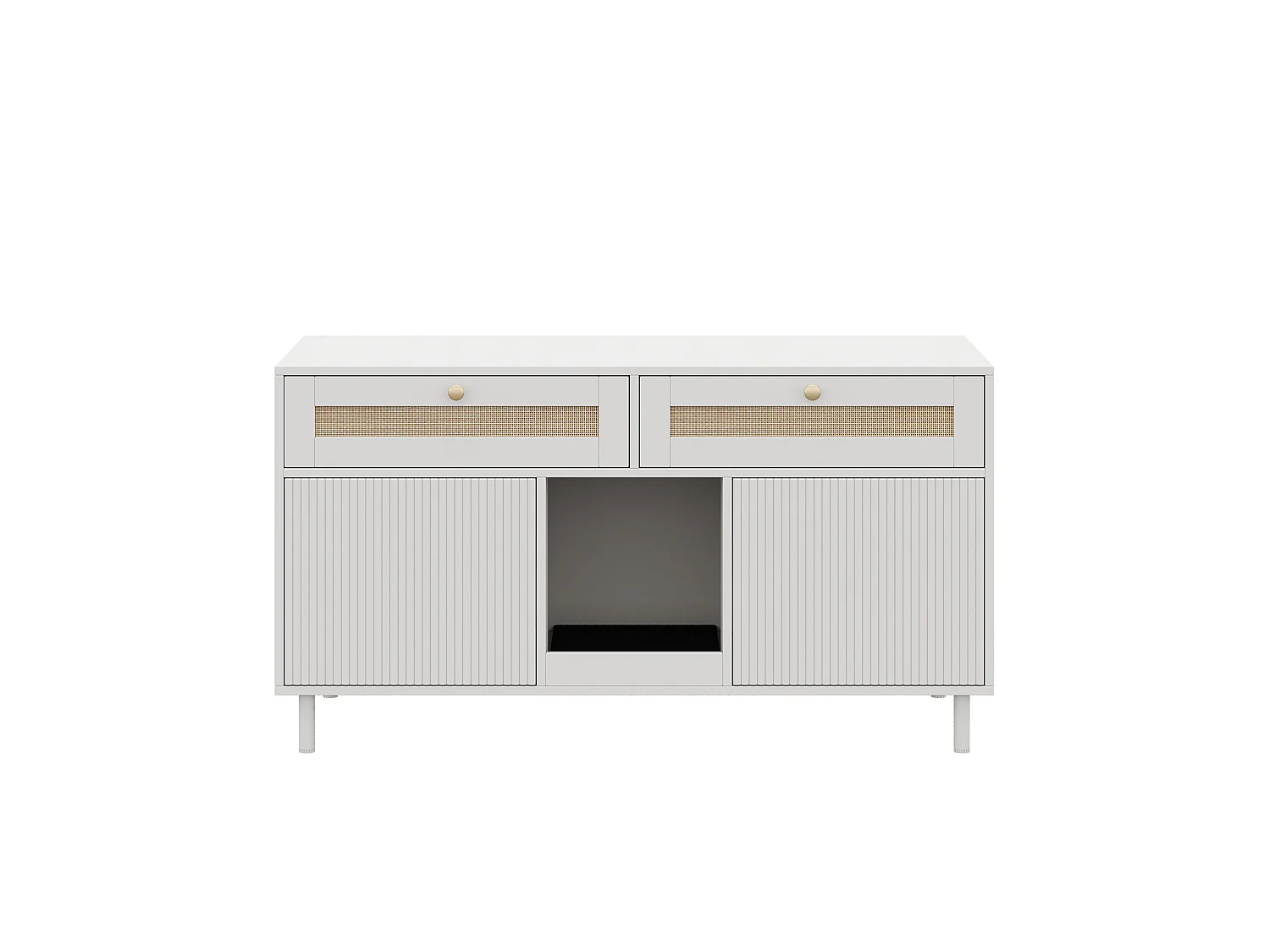 Meuble litière chat avec 2 portes, 2 tiroirs en rotin, et tapis anti-sable, buffet - 120 x 50 x 65 cm - MDF - Blanc