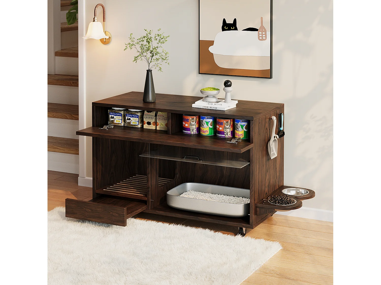Meuble à litière avec 1 porte, plaque de drainage de sable de litière et plaque à trous pour crochets - 100 x 45.5 x 67 cm - MDF - Noyer