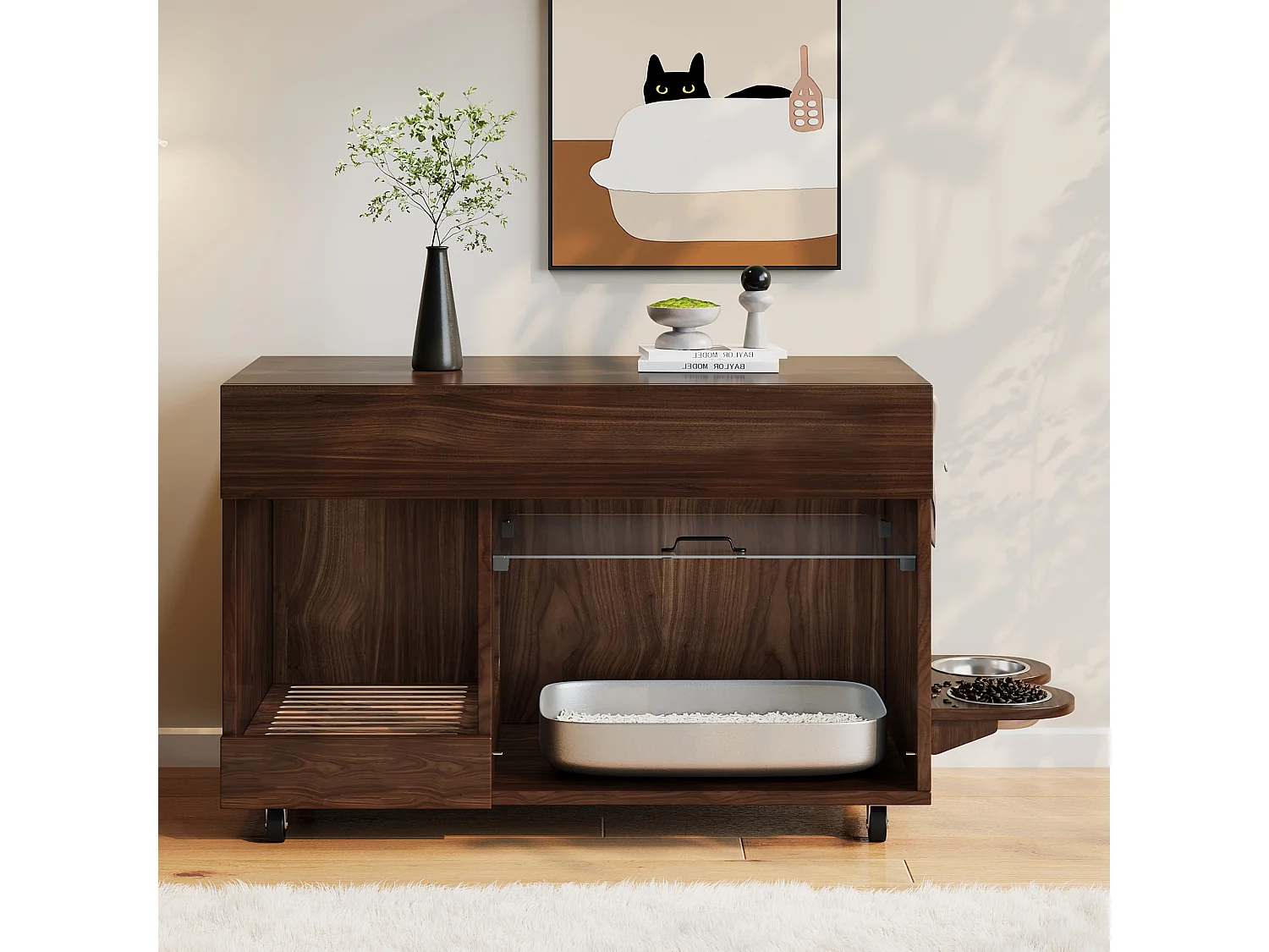 Meuble à litière avec 1 porte, plaque de drainage de sable de litière et plaque à trous pour crochets - 100 x 45.5 x 67 cm - MDF - Noyer