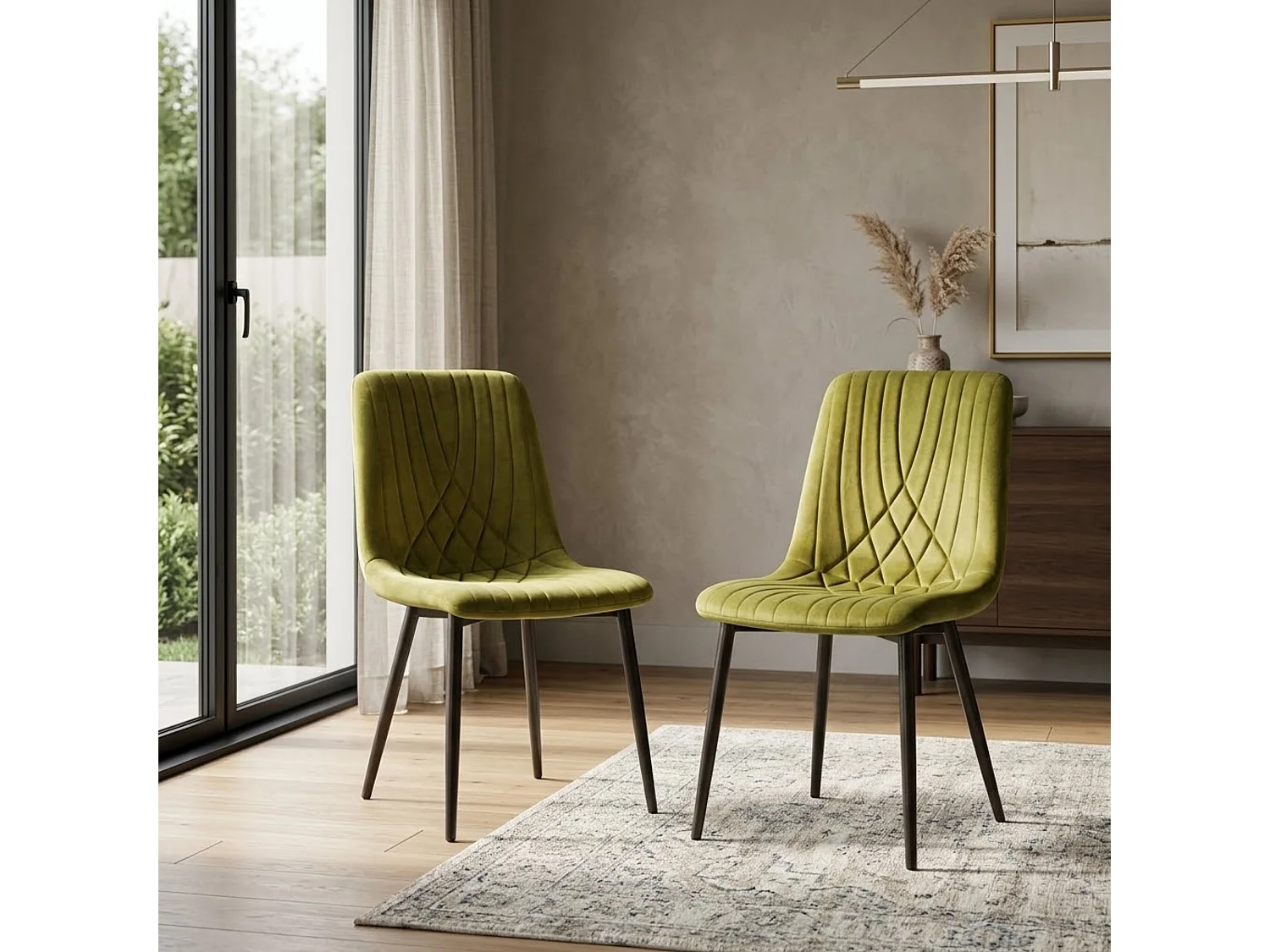 Olive Green Milo Velvet Dining Chairs Set of 6 Diamond Ribbed Kitchen and Dining Room Chairs