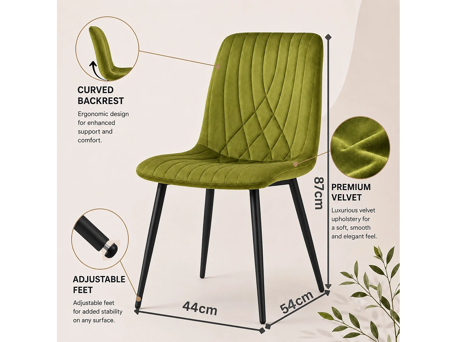 Olive Green Milo Velvet Dining Chairs Set of 6 Diamond Ribbed Kitchen and Dining Room Chairs