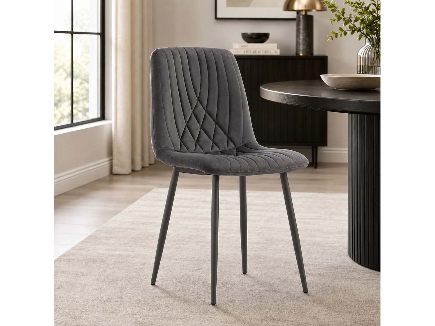 Modern Dark Grey Velvet Dining Chairs Diamond Ribbed Kitchen Dining Chairs Set of 6 Dining Room Furniture