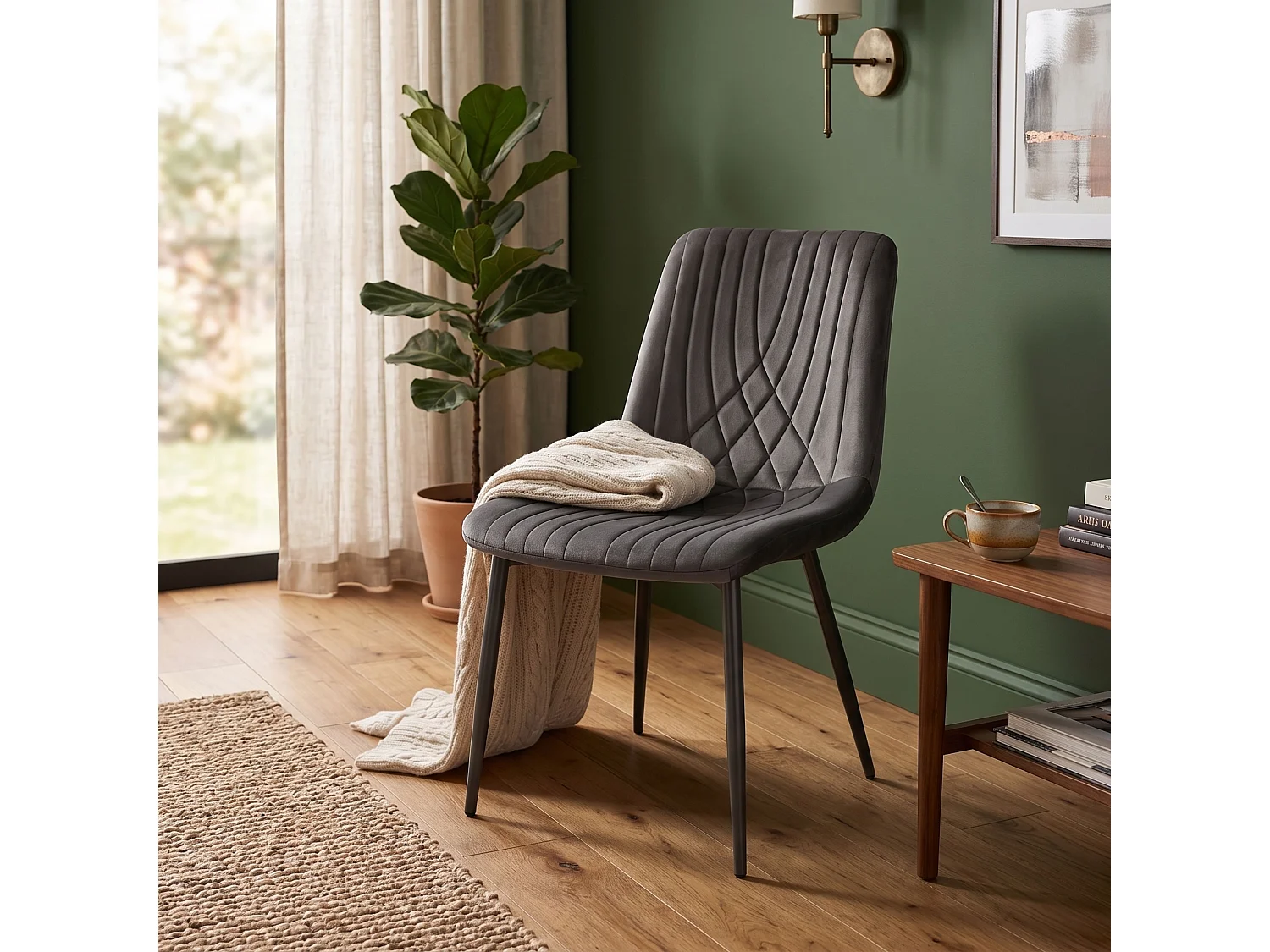 Modern Dark Grey Velvet Dining Chairs Diamond Ribbed Kitchen Dining Chairs Set of 6 Dining Room Furniture