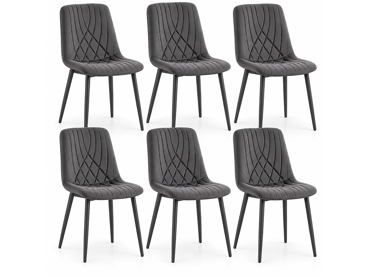 Modern Dark Grey Velvet Dining Chairs Diamond Ribbed Kitchen Dining Chairs Set of 6 Dining Room Furniture