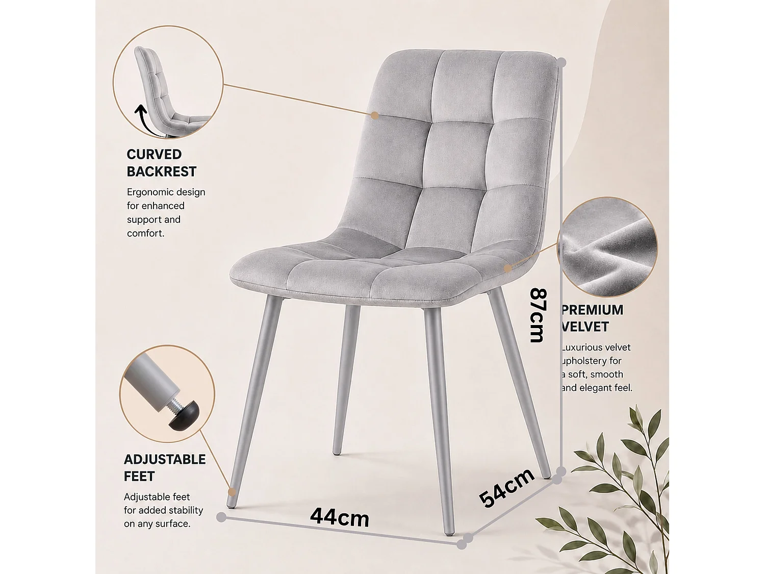 Oira Homes Grey Nova Velvet Dining Chairs Set of 4 Modern Quilted Kitchen Dining Chairs with Black Metal Legs