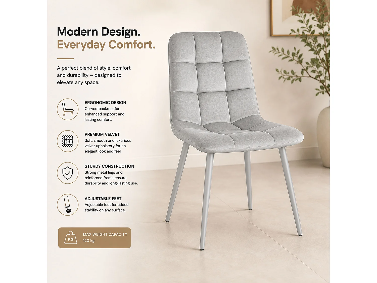 Oira Homes Grey Nova Velvet Dining Chairs Set of 4 Modern Quilted Kitchen Dining Chairs with Black Metal Legs