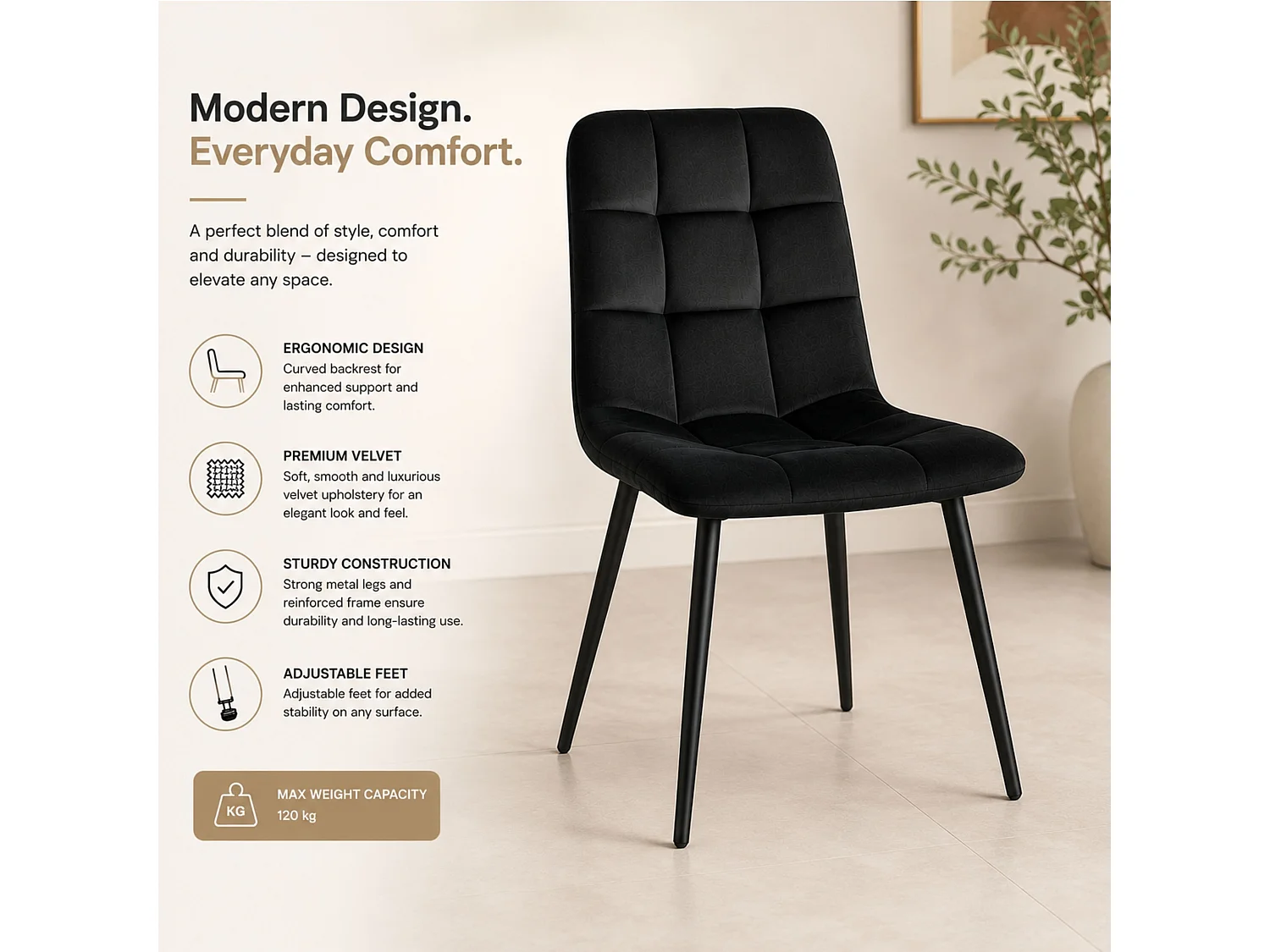 Modern Black Nova Velvet Dining Chairs Set of 4 Quilted Kitchen and Dining Room Chairs