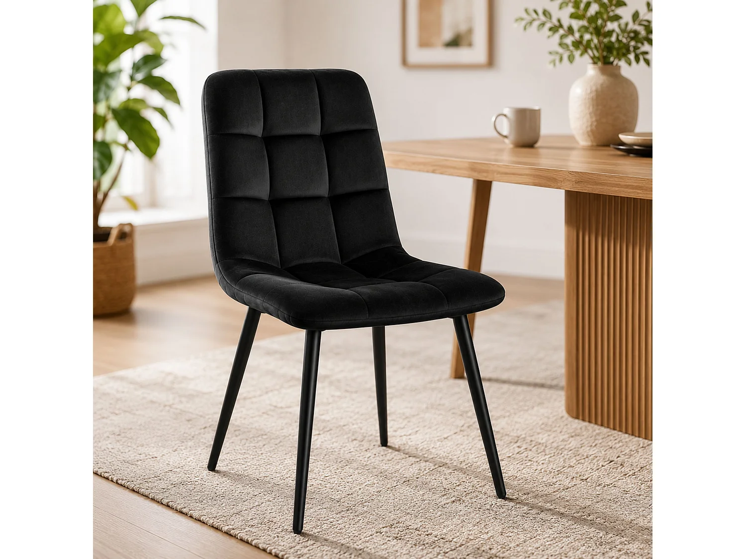 Black Nova Velvet Dining Chairs Set of 2 Quilted Kitchen Dining Chairs Dining Room Furniture