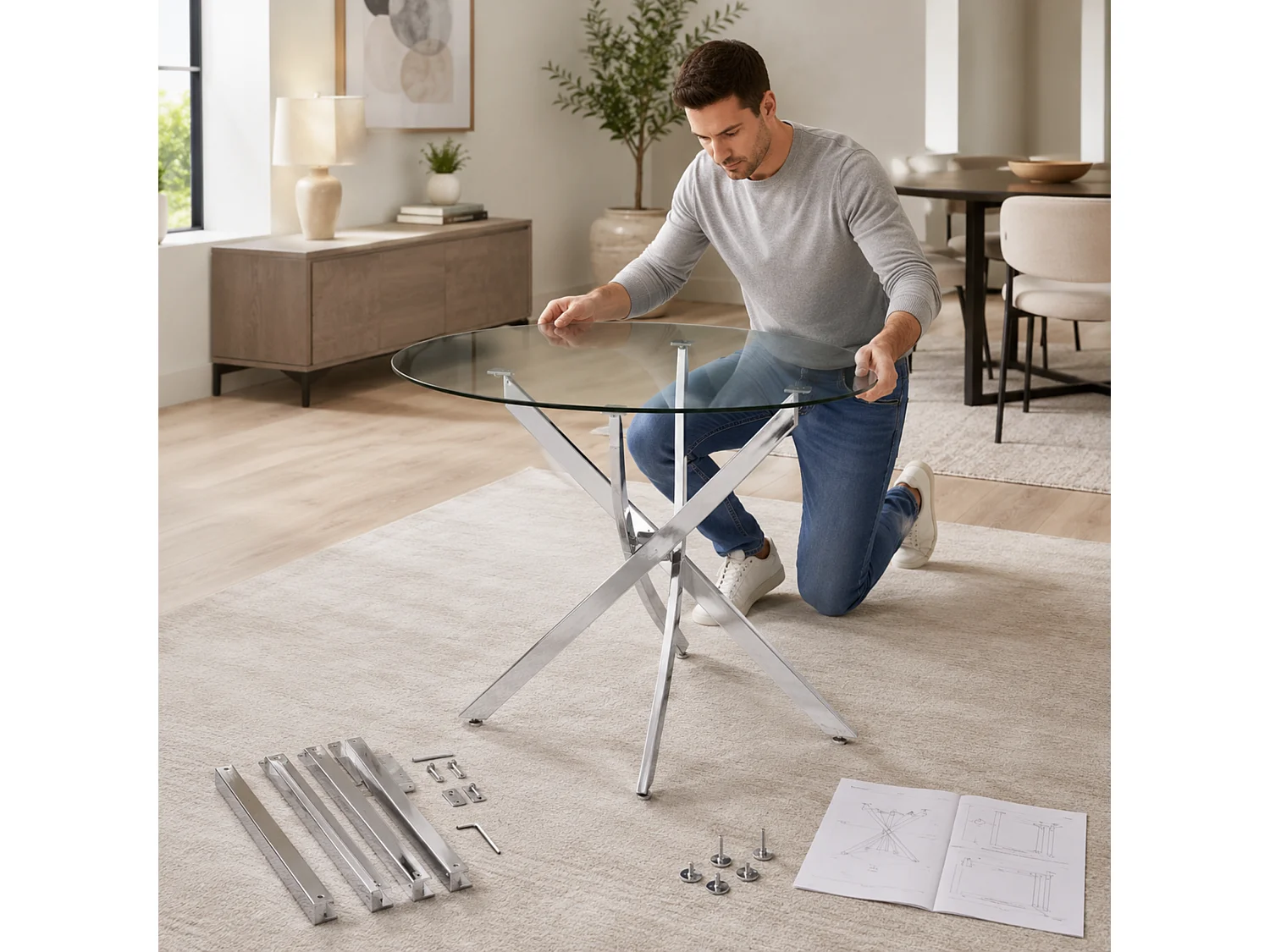 Oira Homes Modern Round Glass Dining Table Kitchen Dining Table with Chrome Effect Metal Legs