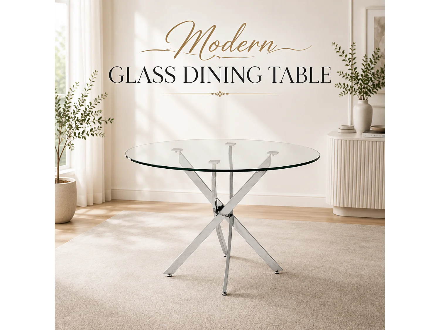 Oira Homes Modern Round Glass Dining Table Kitchen Dining Table with Chrome Effect Metal Legs