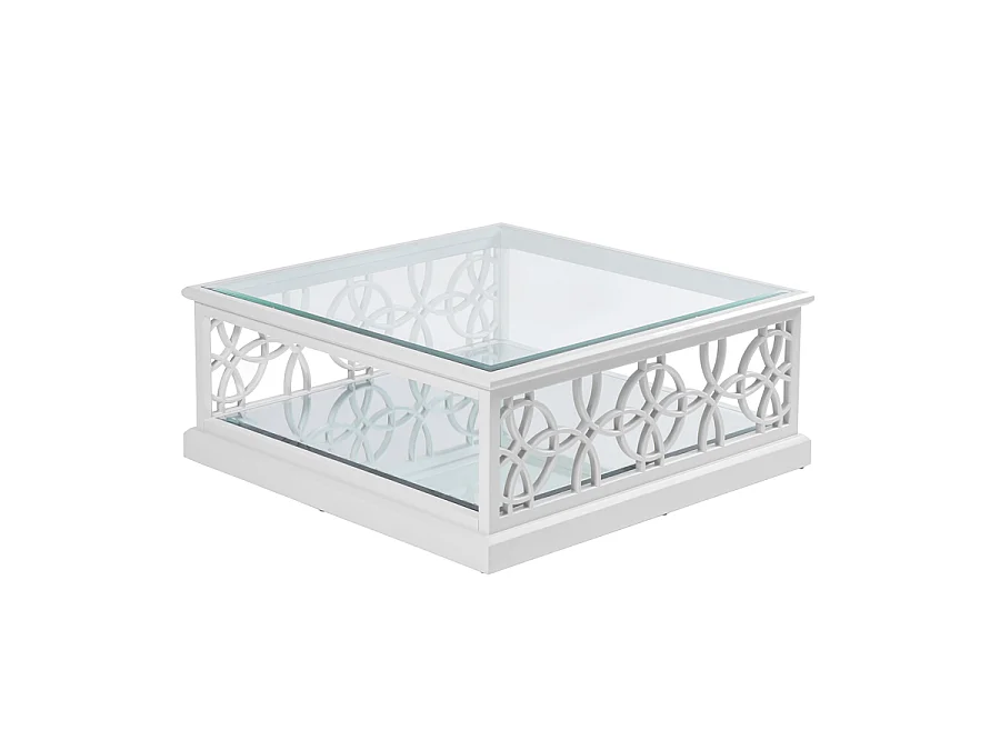 Etienne White Square Coffee Table - Toughened Glass Top, Mirror Shelf, Decorative Fretwork