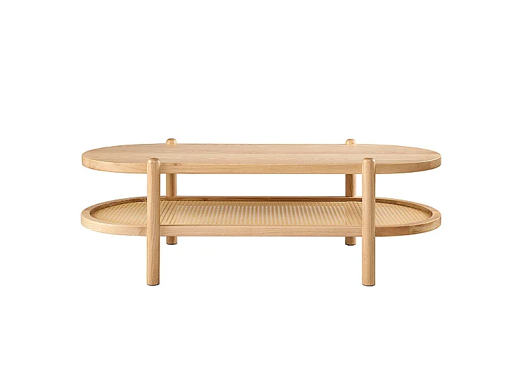 Millie Coffee Table - Solid Ash Wood Oval Table with Wicker Shelf, Walnut