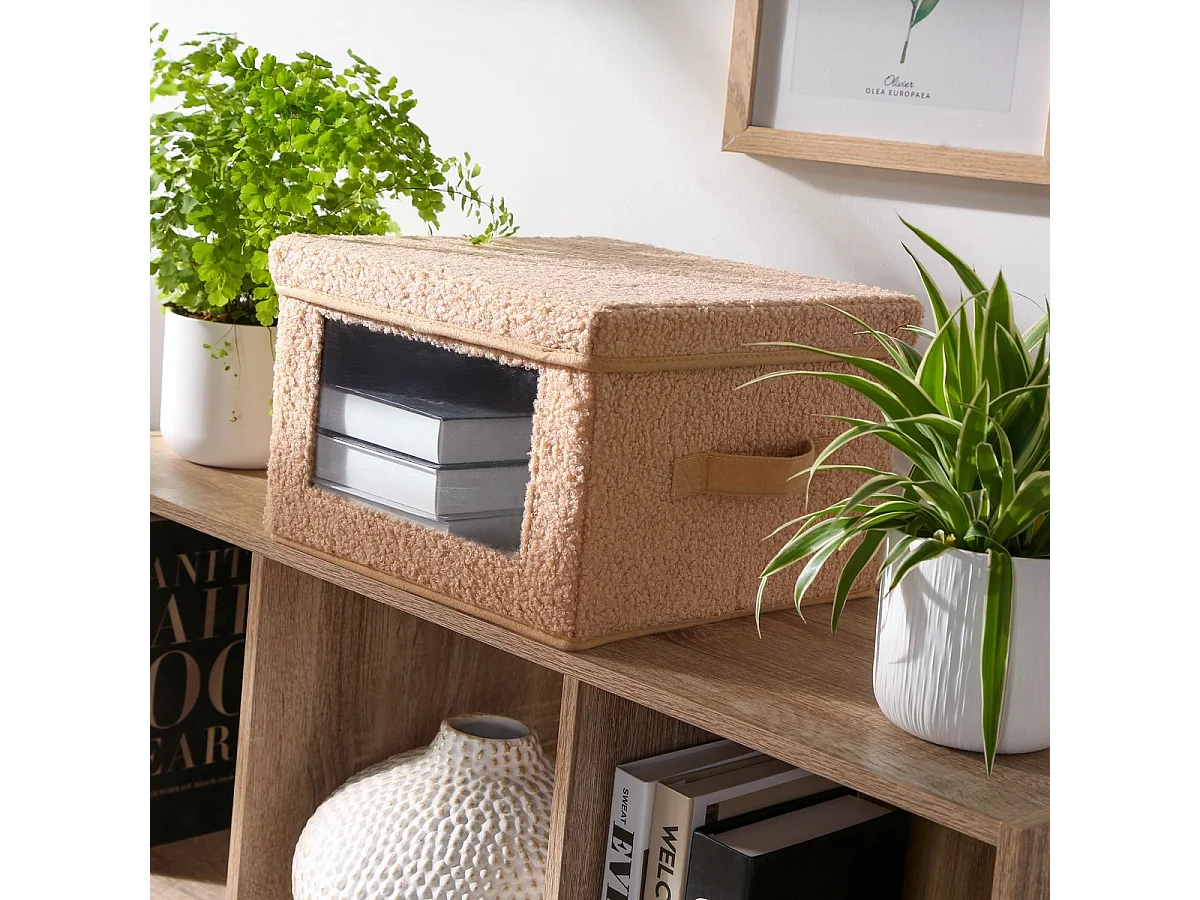 Boîte rangement tissu bouclette beige avec fenêtre - L40 cm