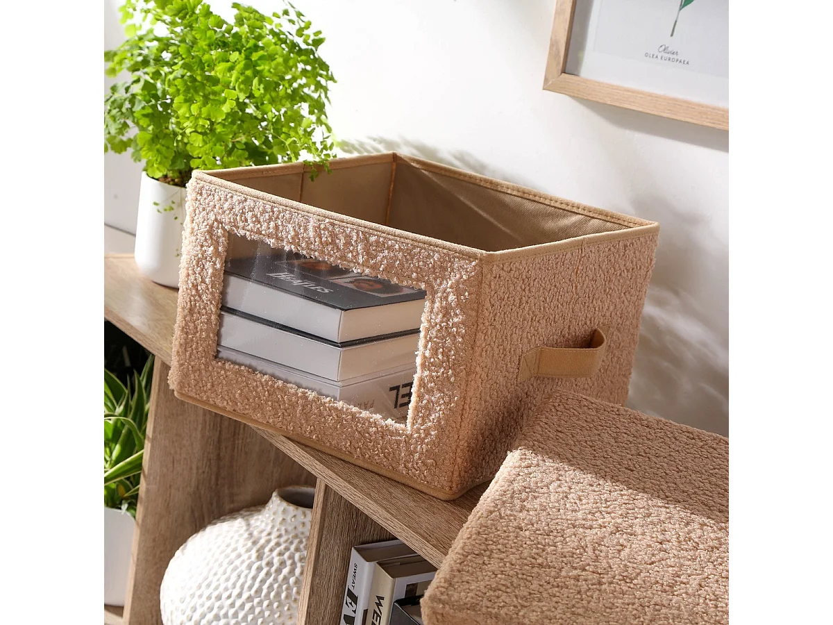 Boîte rangement tissu bouclette beige avec fenêtre - L40 cm