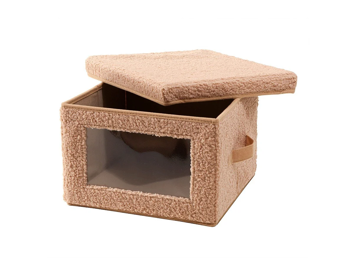 Boîte rangement tissu bouclette beige avec fenêtre - L40 cm