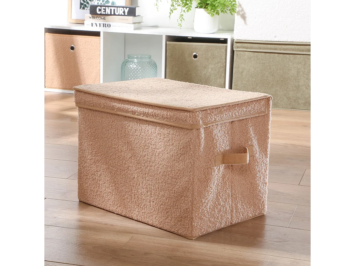 Boîte rangement haute avec couvercle tissu bouclette beige - H30 cm