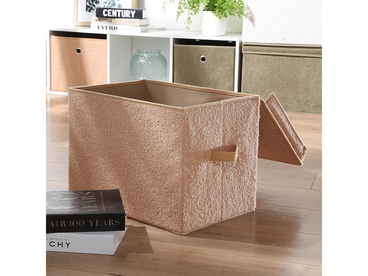 Boîte rangement haute avec couvercle tissu bouclette beige - H30 cm