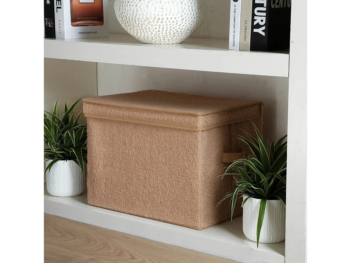 Boîte rangement haute avec couvercle tissu bouclette beige - H30 cm