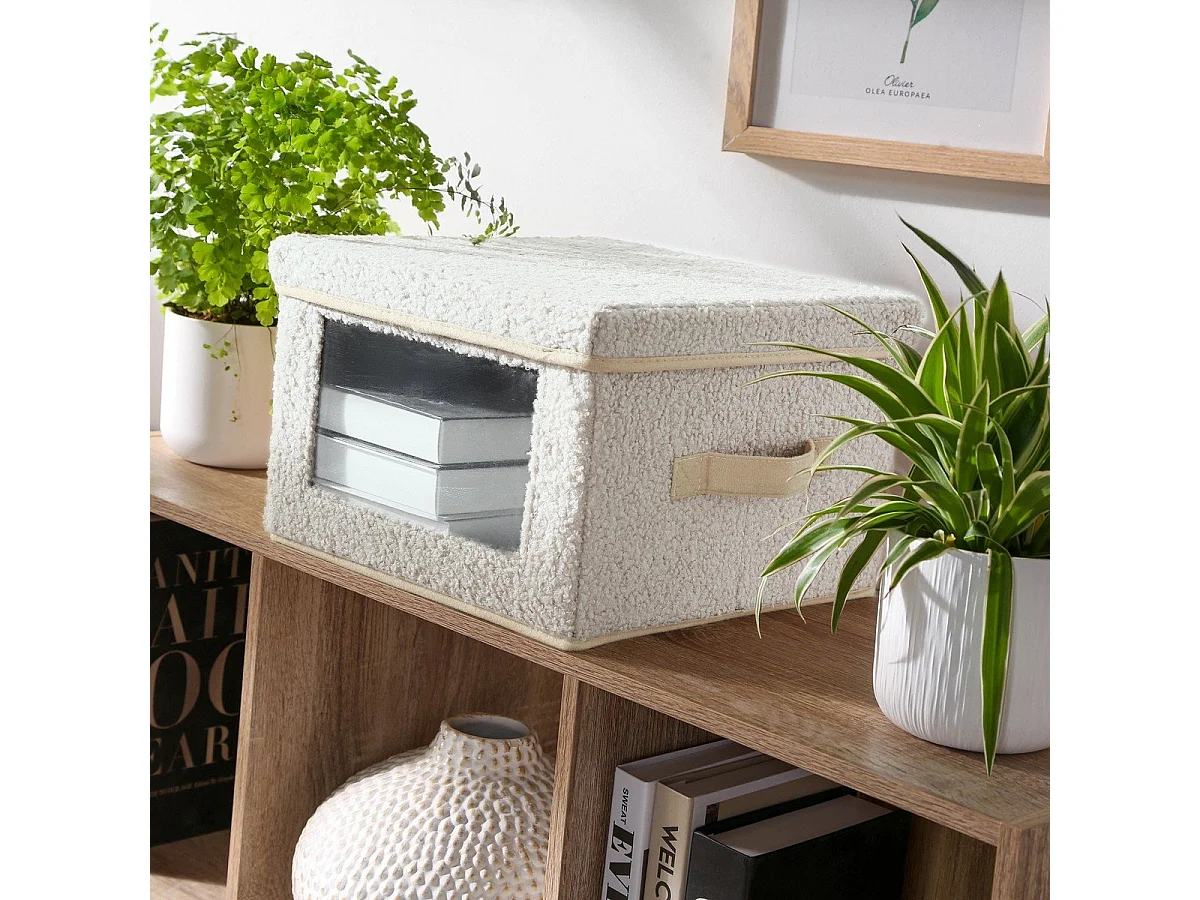 Boîte rangement tissu bouclette écru avec fenêtre - L30 cm