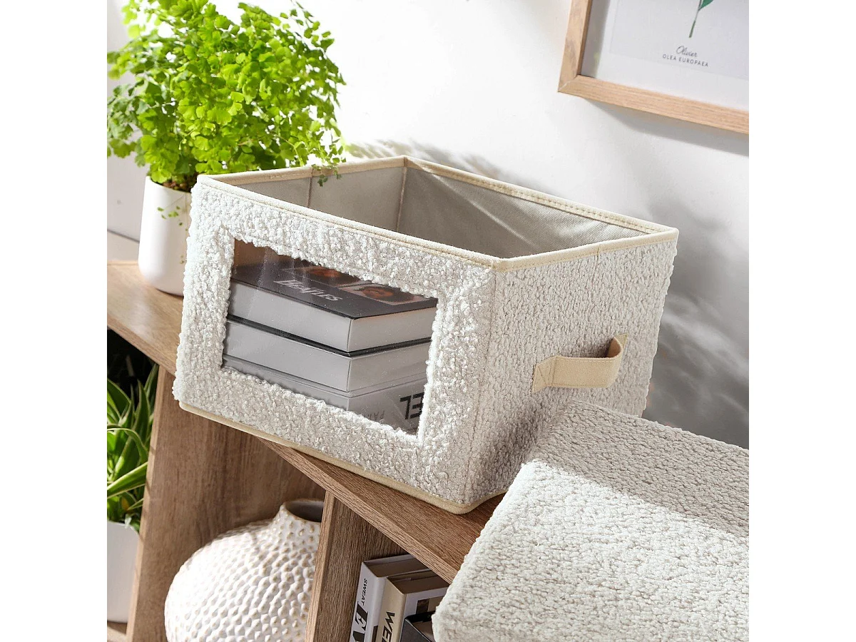 Boîte rangement tissu bouclette écru avec fenêtre - L30 cm