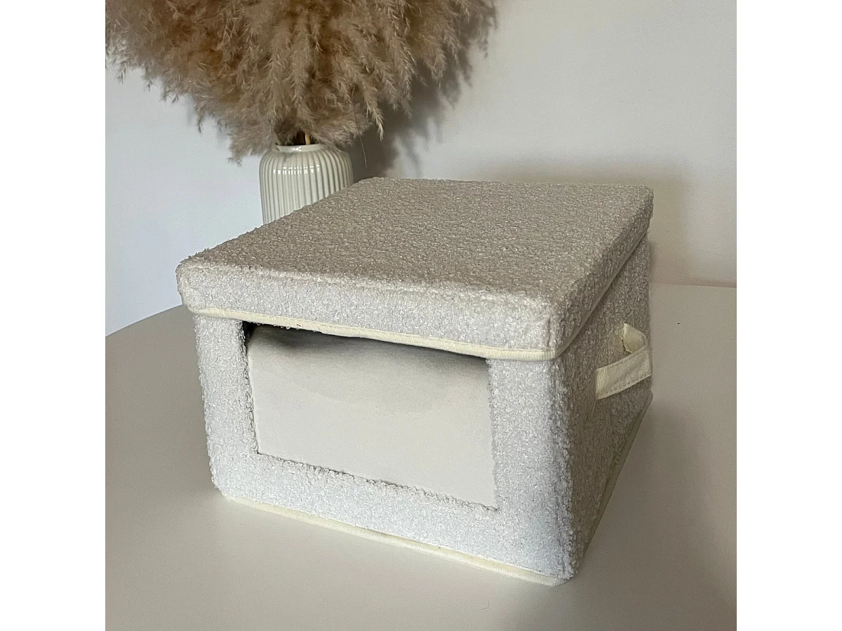 Boîte rangement tissu bouclette écru avec fenêtre - L30 cm