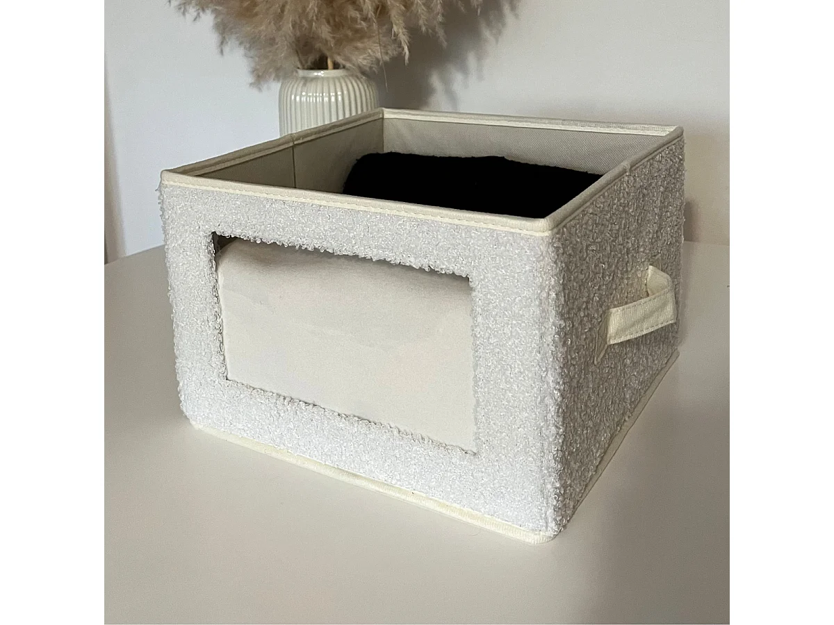 Boîte rangement tissu bouclette écru avec fenêtre - L30 cm