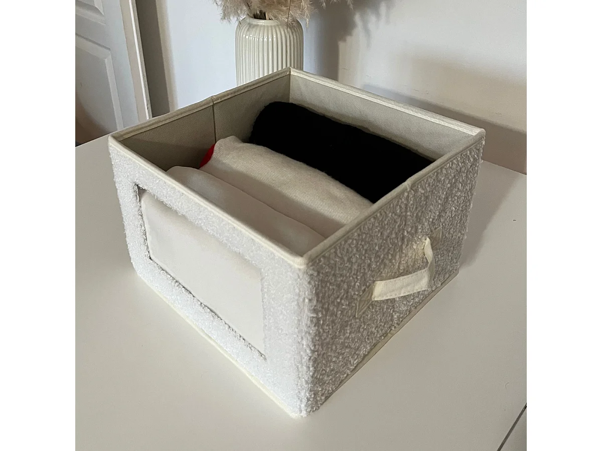 Boîte rangement tissu bouclette écru avec fenêtre - L30 cm
