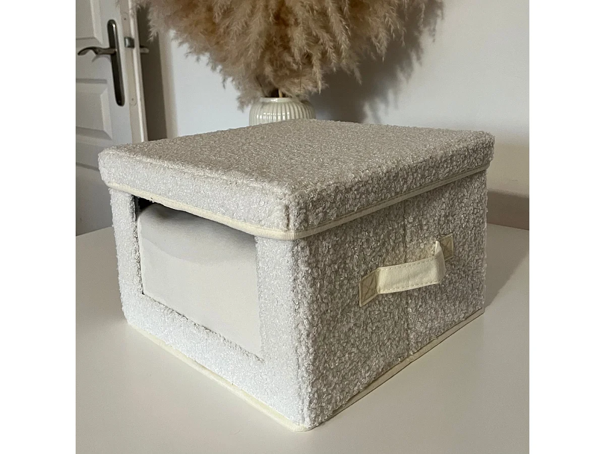 Boîte rangement tissu bouclette écru avec fenêtre - L30 cm