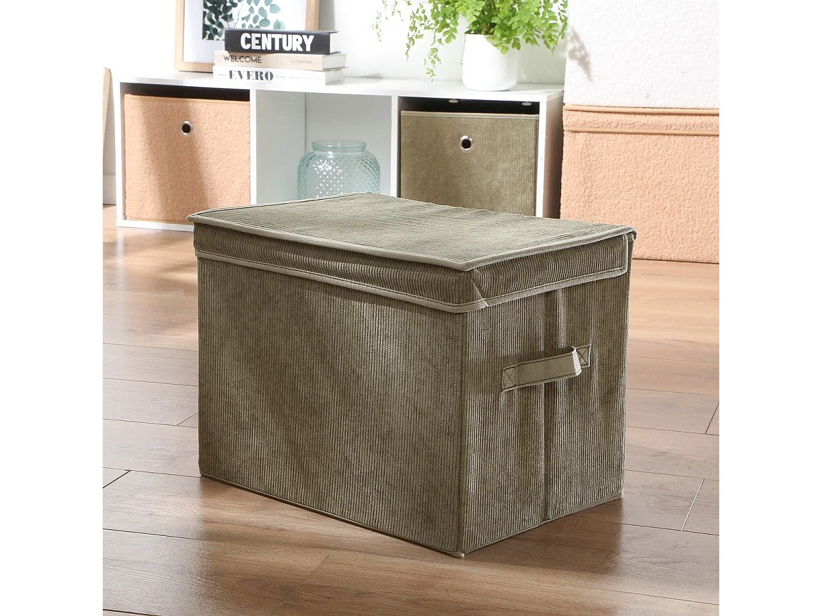 Boîte rangement haute avec couvercle tissu velours côtelé kaki - H30 cm