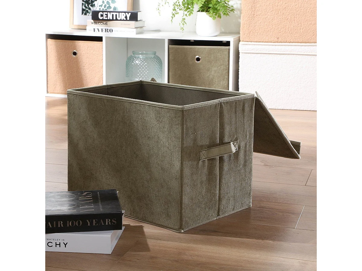 Boîte rangement haute avec couvercle tissu velours côtelé kaki - H30 cm