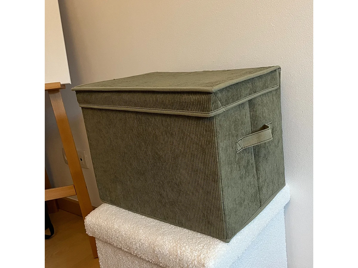 Boîte rangement haute avec couvercle tissu velours côtelé kaki - H30 cm