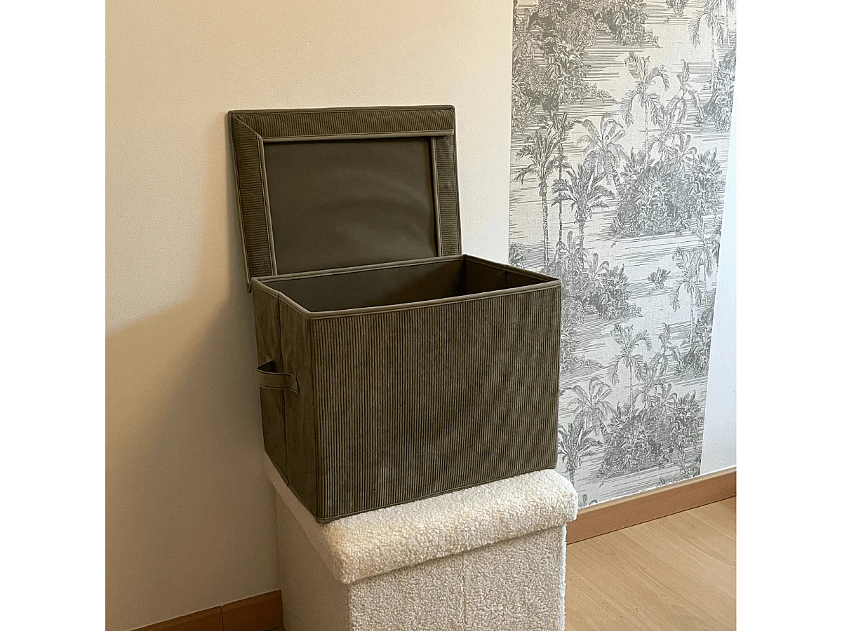 Boîte rangement haute avec couvercle tissu velours côtelé kaki - H30 cm