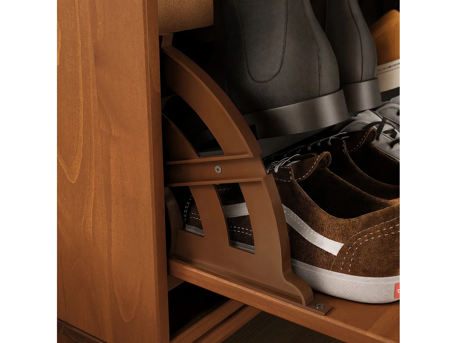 Meuble à Chaussures JONTE, en Bois Massif Coloris Châtaignier, 4 Abattants, Pour environ 24 paires