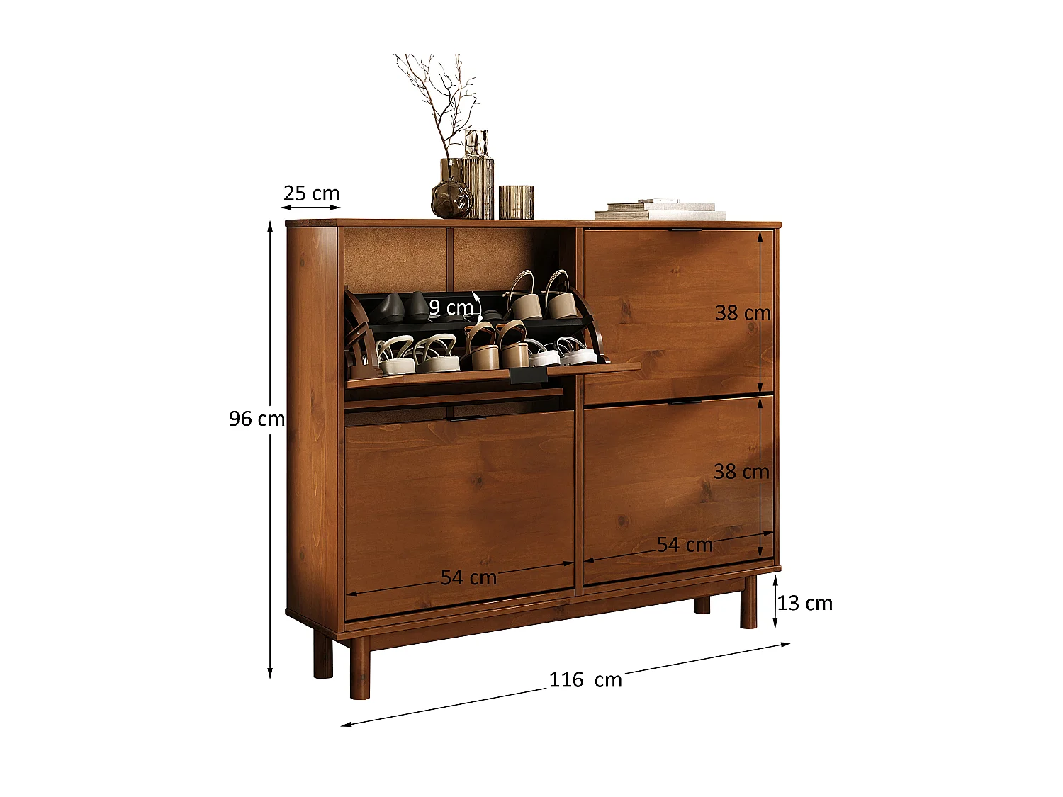 Meuble à Chaussures JONTE, en Bois Massif Coloris Châtaignier, 4 Abattants, Pour environ 24 paires