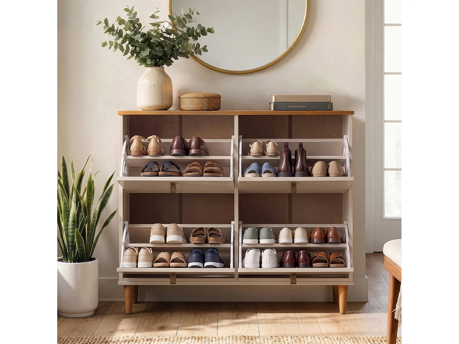 Meuble à chaussures MIKKA, étagère à chaussures bois couleur blanc cachemire et chêne, rangement avec 4 abattants en pin massif