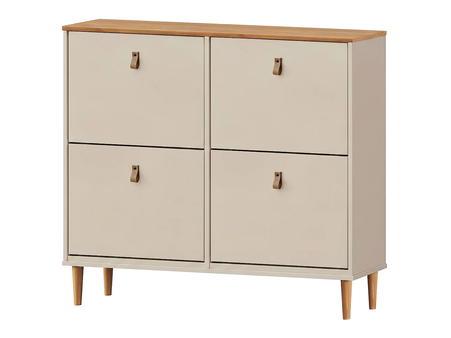 Meuble à chaussures MIKKA, étagère à chaussures bois couleur blanc cachemire et chêne, rangement avec 4 abattants en pin massif