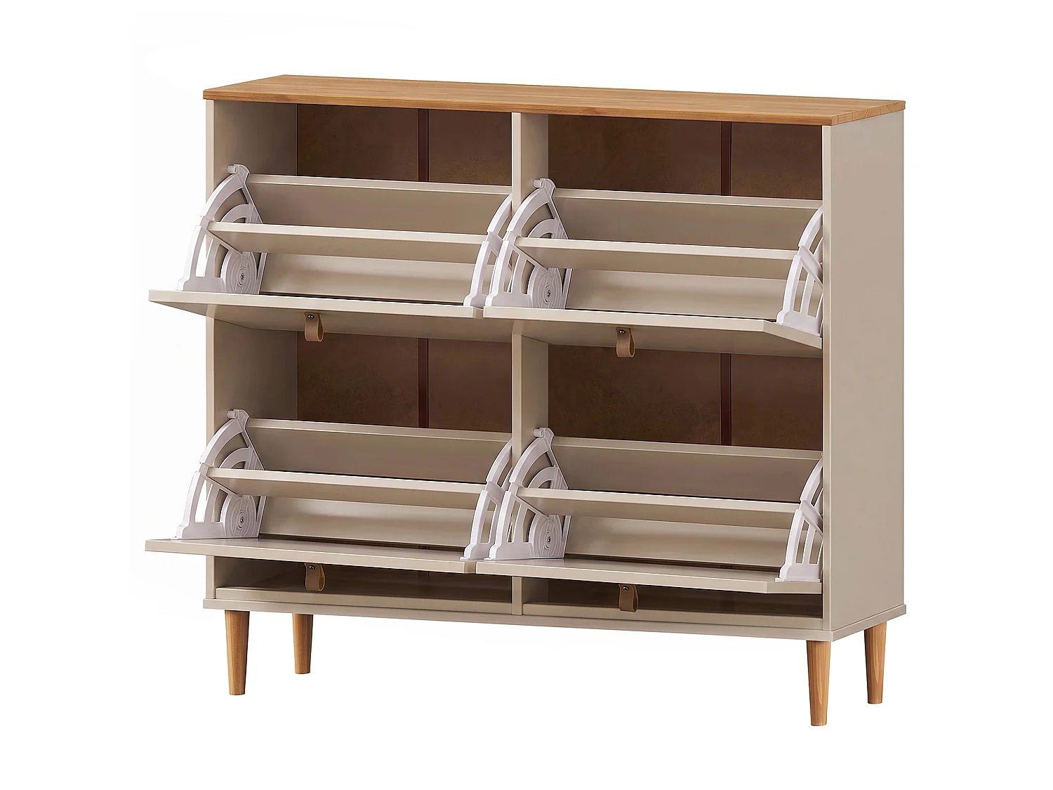 Meuble à chaussures MIKKA, étagère à chaussures bois couleur blanc cachemire et chêne, rangement avec 4 abattants en pin massif