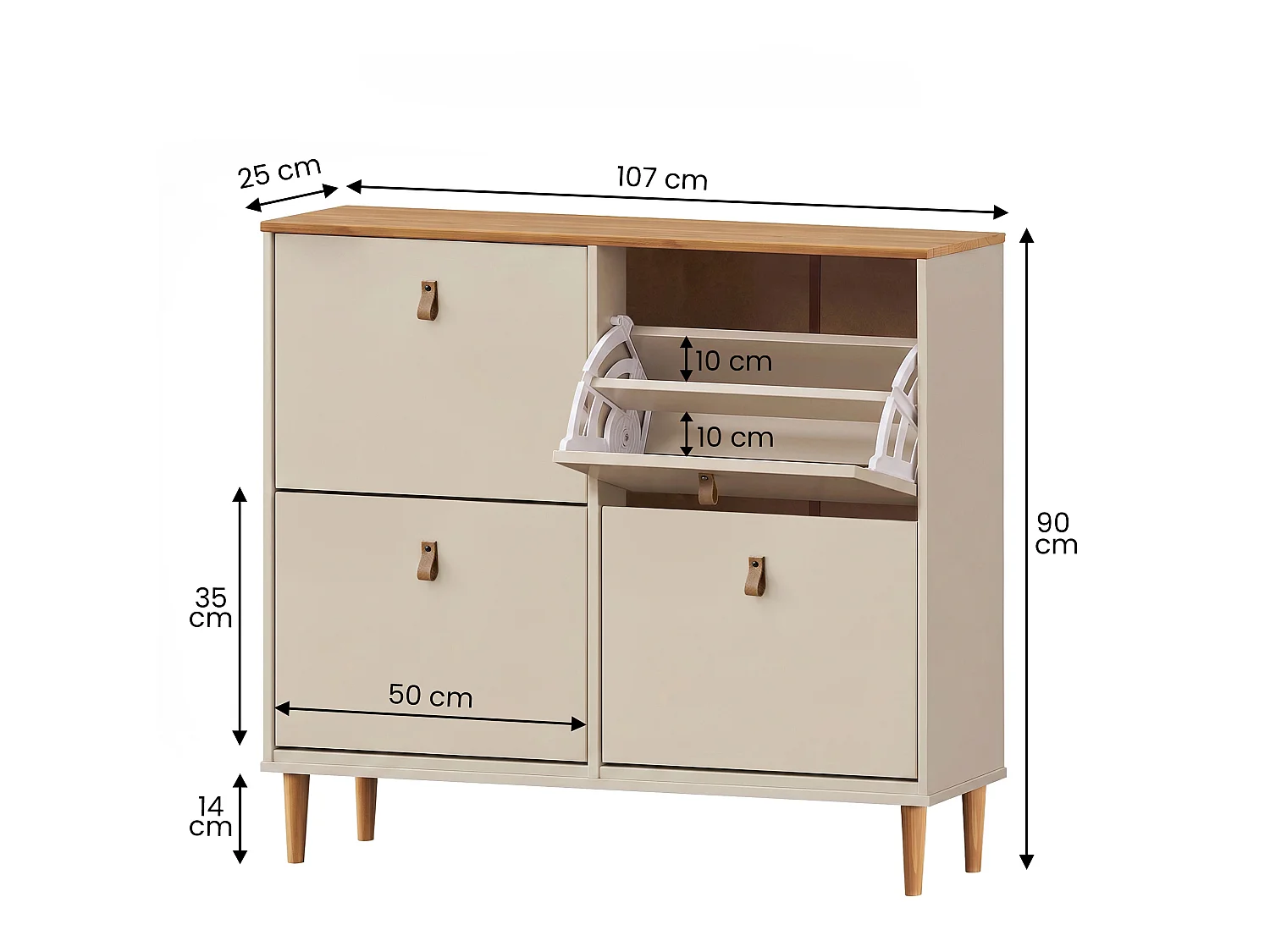 Meuble à chaussures MIKKA, étagère à chaussures bois couleur blanc cachemire et chêne, rangement avec 4 abattants en pin massif