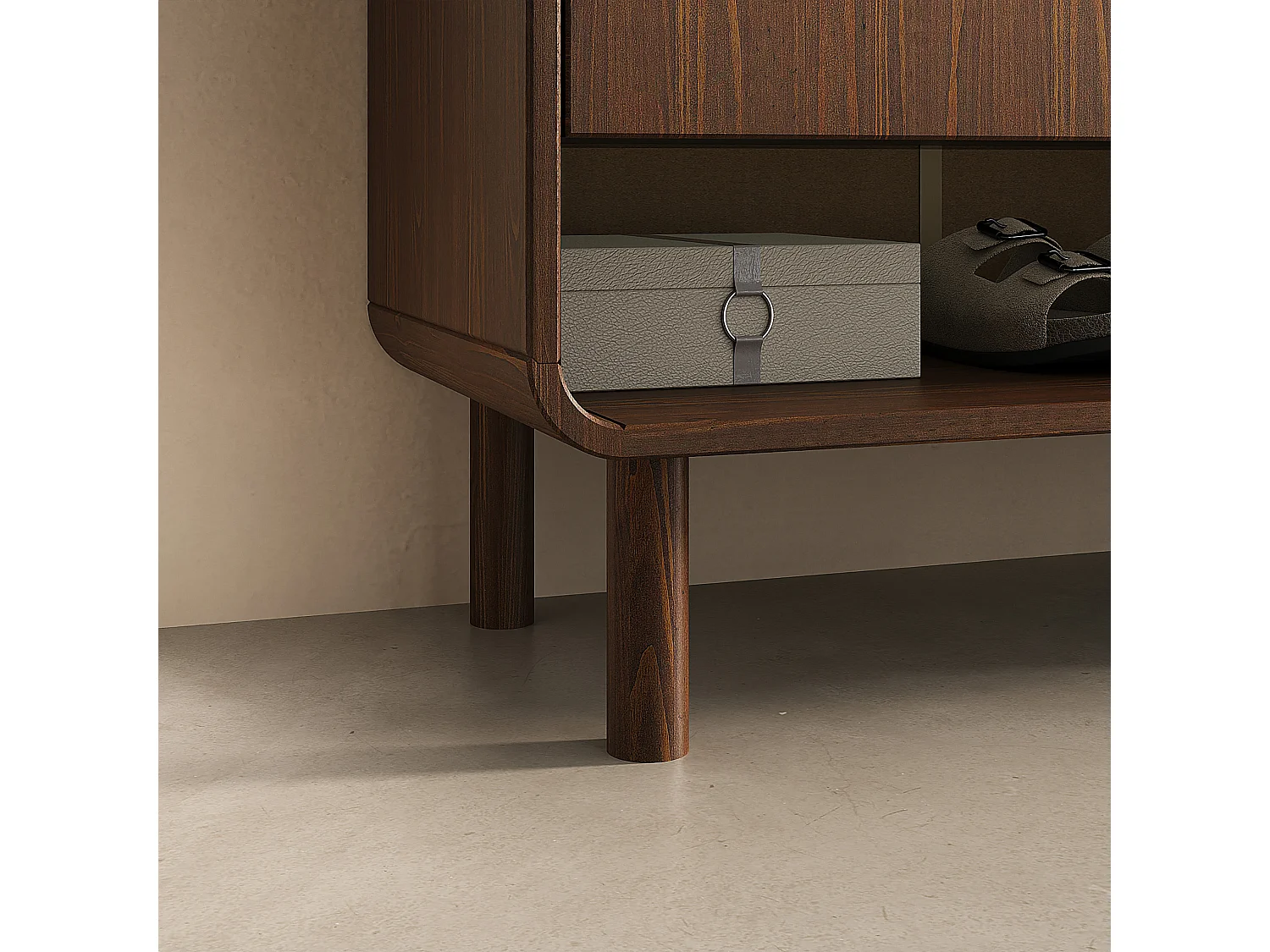 Meuble à Chaussures JUAN, en Bois Massif Coloris Noyer, 2 Portes, 1 Tiroir, Rangement Armoire à Chaussures Design pour Entrée