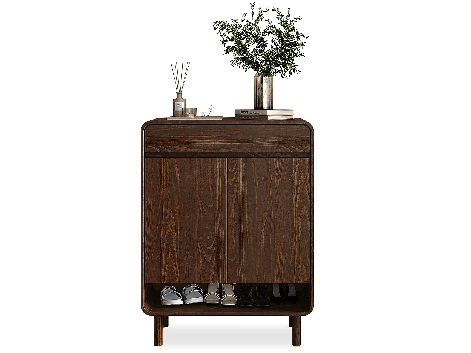 Meuble à Chaussures JUAN, en Bois Massif Coloris Noyer, 2 Portes, 1 Tiroir, Rangement Armoire à Chaussures Design pour Entrée