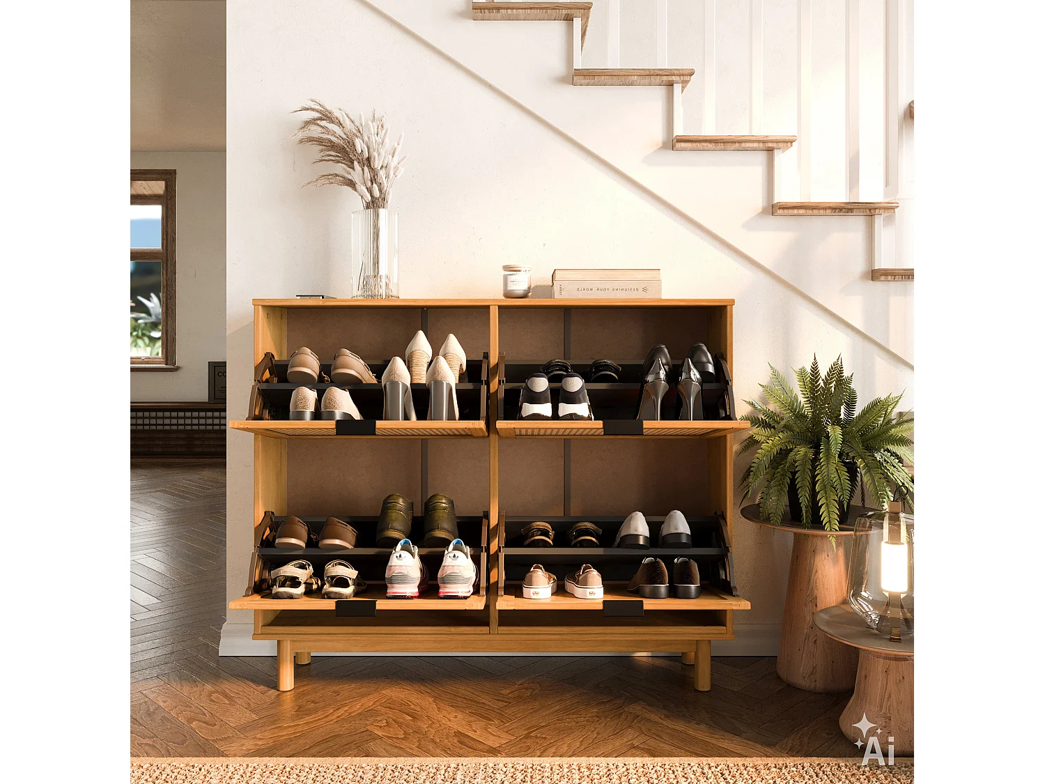 Meuble à chaussures CEFIRA en bois massif couleur chêne avec 4 abattants, pour 16 à 24 paires, façades en rotin