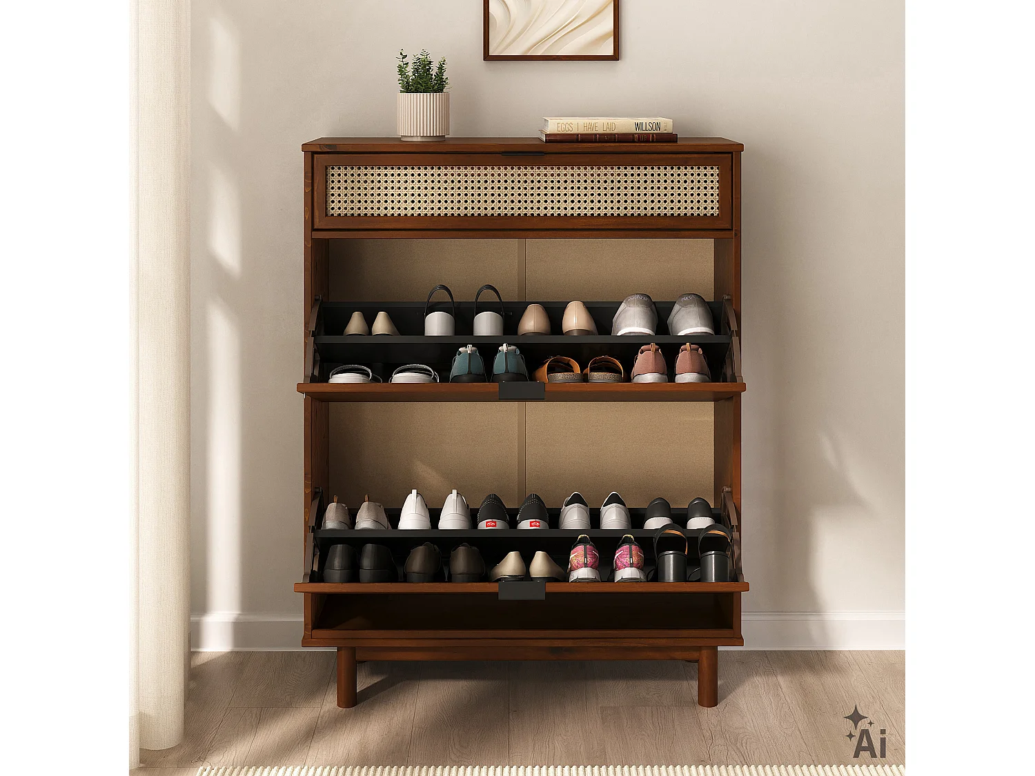Meuble à Chaussures JONTE, en Bois Massif Coloris Châtaignier, 2 Abattants, 1 Tiroir, Pour 16 à 20 Paires, Façade en Rotin