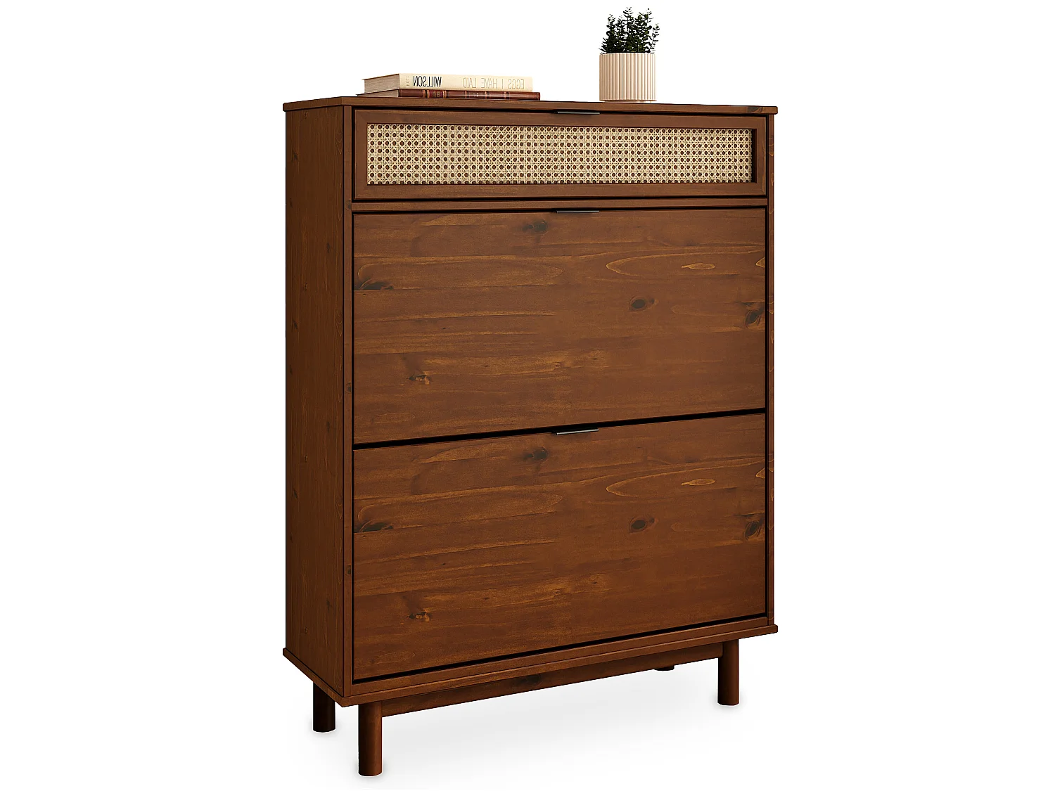 Meuble à Chaussures JONTE, en Bois Massif Coloris Châtaignier, 2 Abattants, 1 Tiroir, Pour 16 à 20 Paires, Façade en Rotin