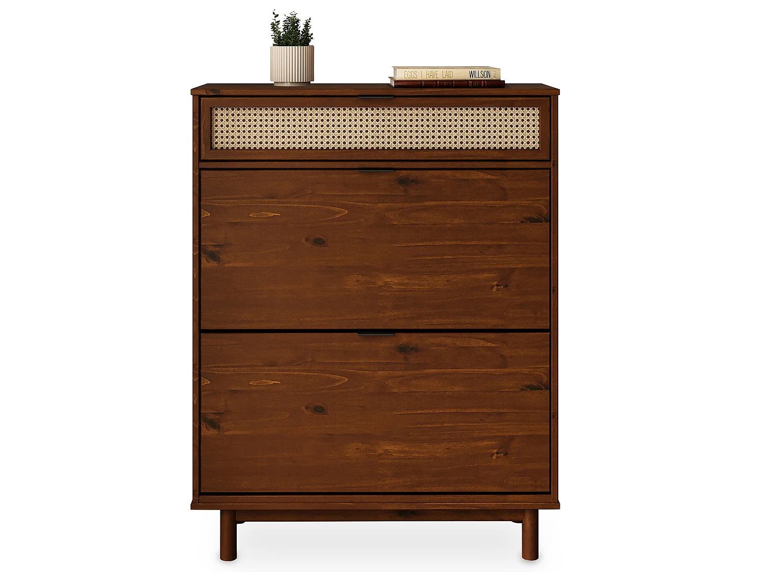 Meuble à Chaussures JONTE, en Bois Massif Coloris Châtaignier, 2 Abattants, 1 Tiroir, Pour 16 à 20 Paires, Façade en Rotin