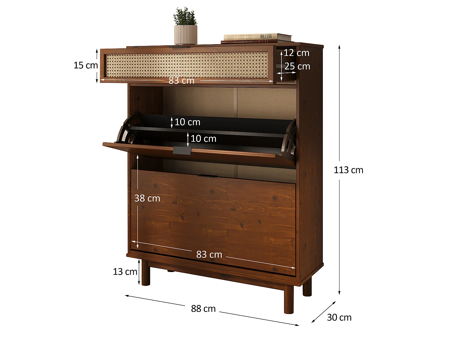 Meuble à Chaussures JONTE, en Bois Massif Coloris Châtaignier, 2 Abattants, 1 Tiroir, Pour 16 à 20 Paires, Façade en Rotin