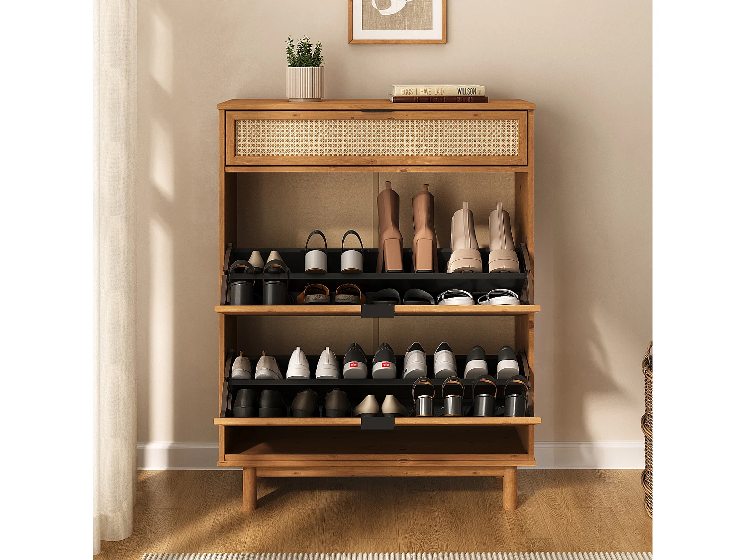 Meuble à Chaussures JONTE, en Bois Massif Coloris Chêne, 2 Abattants, 1 Tiroir, Pour 16 à 20 Paires, Façade en Rotin