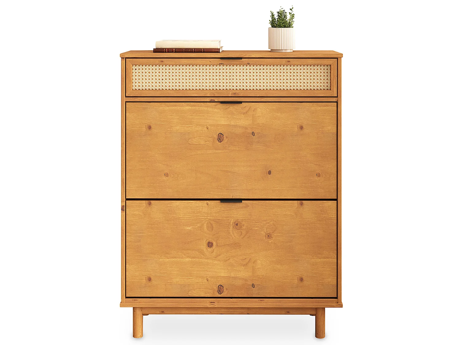 Meuble à Chaussures JONTE, en Bois Massif Coloris Chêne, 2 Abattants, 1 Tiroir, Pour 16 à 20 Paires, Façade en Rotin