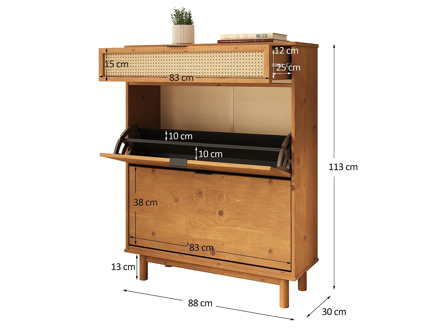 Meuble à Chaussures JONTE, en Bois Massif Coloris Chêne, 2 Abattants, 1 Tiroir, Pour 16 à 20 Paires, Façade en Rotin